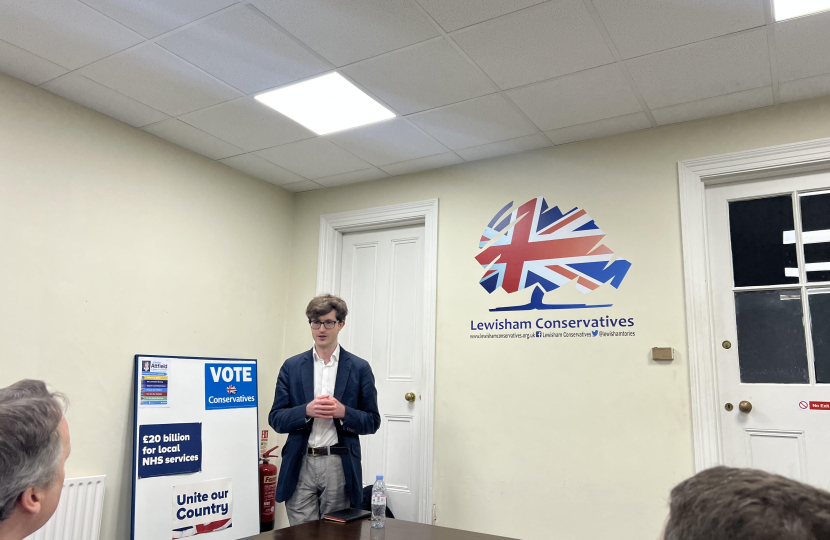 Hugh Rees-Beaumont speaking to Lewisham Conservative members.