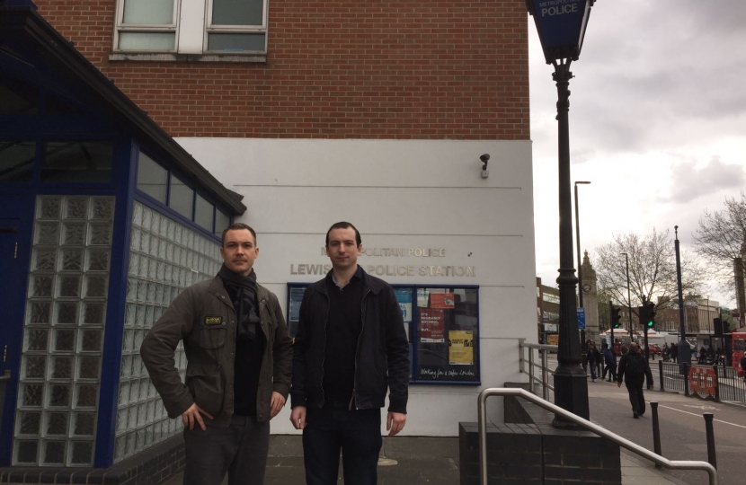 Ross Archer and James Clarke outside Lewisham Police station
