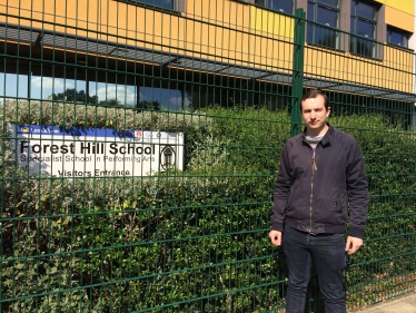 Ross outside a Lewisham Secondary School. Labour stopped a community debate on Lewisham Schools.
