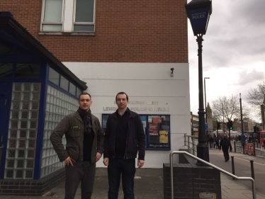 Ross Archer and James Clarke outside Lewisham Police station