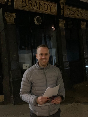 Chris Wilford standing in front of the New Cross Inn with his Nomination Papers and leaflets.